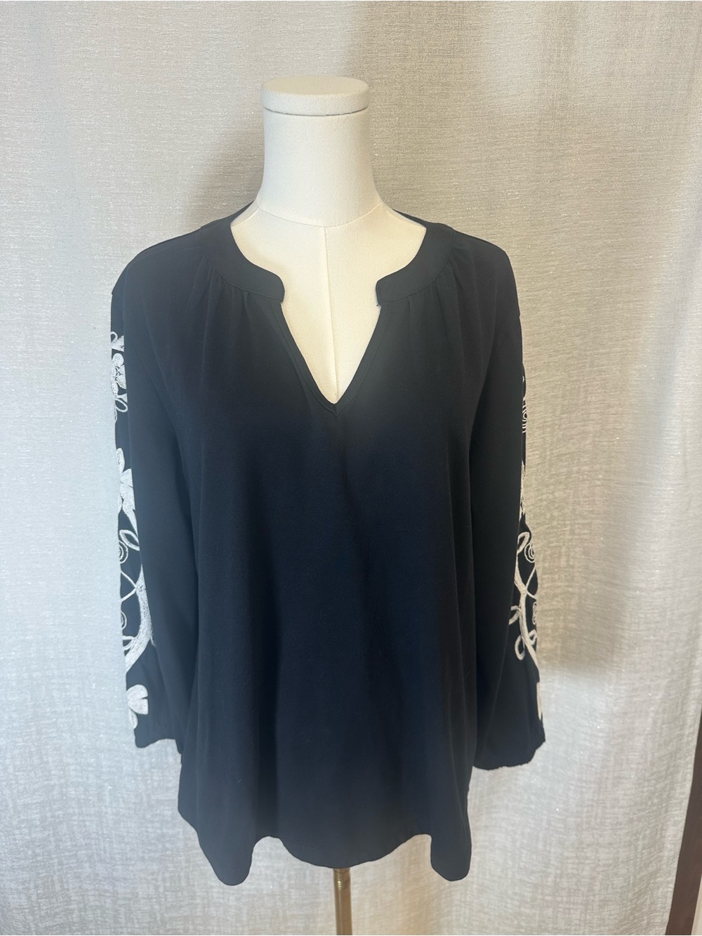Talbots Black Split-Neck Blouse with White Embroidered Sleeves